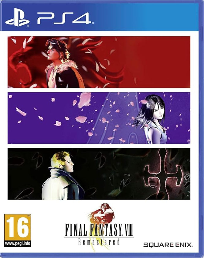 PlayStation 4 game case for 'Final Fantasy VIII Remastered' with character images and branding.