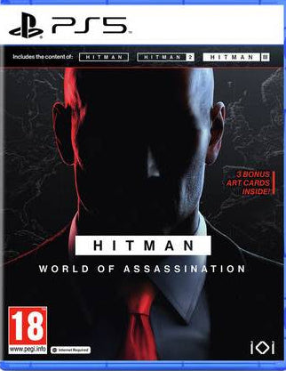 Game box for 'Hitman: World of Assassination' on PS5 with a silhouette design.